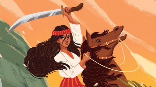 An illustration of Gabriela Silang, the Filipino revolutionary who rides a horse, holds a bolo sword, and wears a red headband surrounded by the mountains of the Philippines.